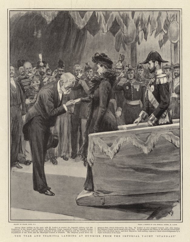 O Tsar e Tsaritsa aterrissam em Dunquerque do Imperial Yacht Standart de Frank Dadd