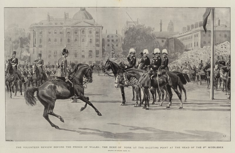 A revisão voluntária diante do Príncipe de Gales, o Duque de York no ponto de saudação na cabeça do 3º Middlesex de Frank Dadd