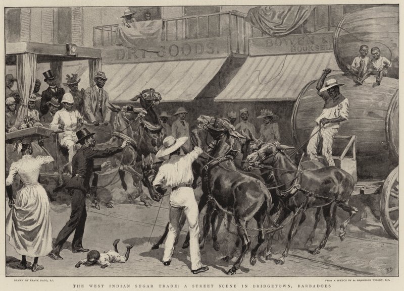 O comércio de açúcar indiano ocidental, uma cena de rua em Bridgetown, Barbadoes de Frank Dadd