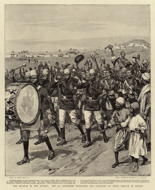 O avanço no Sudão, o 9º Soudanese recebendo os Cameron em sua chegada a Berber de Frank Dadd