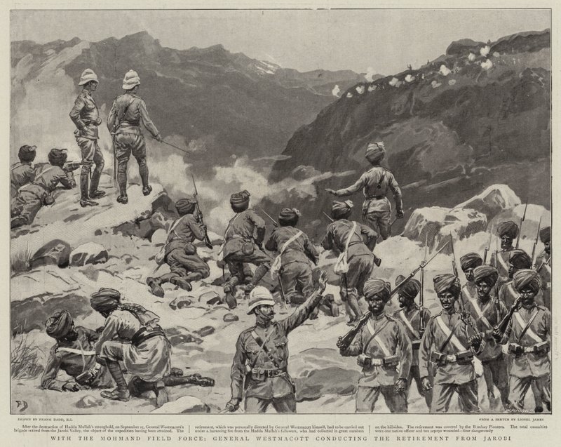 Com a Força de Campo de Mohmand, General Westmacott conduzindo a aposentadoria de Jarobi de Frank Dadd