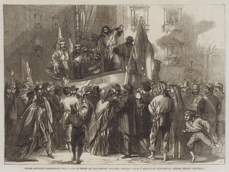 Padre Giovanni dirigindo-se ao povo em frente ao Colégio dos Jesuítas, Nápoles de Frank Vizetelly