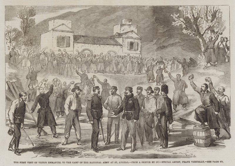A primeira visita de Victor Emmanuel ao Acampamento do Exército Nacional em St Angelo de Frank Vizetelly