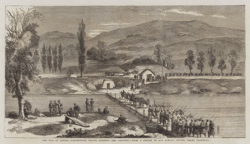 A guerra em Nápoles, tropas Garibaldian que cruzam o Volturno de Frank Vizetelly