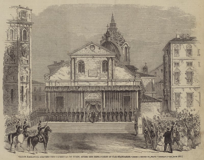 Victor Emmanuel deixando a Catedral de Turim, após a bênção dos padrões de Frank Vizetelly