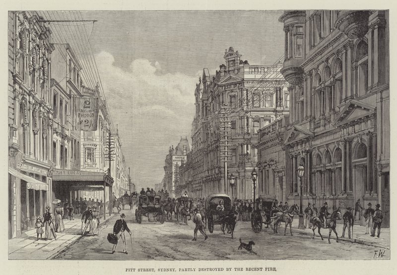 Pitt Street, Sydney, parcialmente destruída pelo Fogo Recente de Frank Watkins
