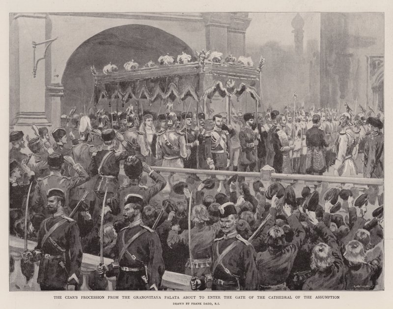 A procissão do Czar de Granovitaya Palata prestes a entrar na Porta da Catedral da Assunção (litho) de Frank (after) Dadd