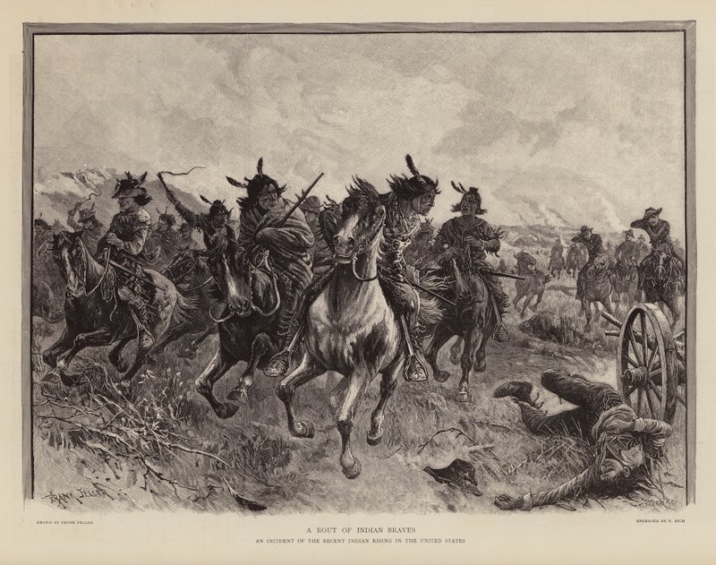 Uma fuga de bravos durante uma revolta de nativos americanos (gravura) de Frank (after) Feller