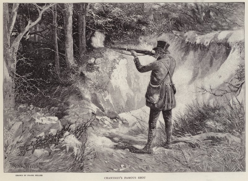 Sir Francis Chantrey matando duas galinholas com um tiro enquanto caçava em Holkham Hall, Norfolk (litho) de Frank (after) Feller