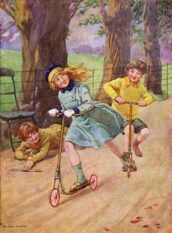 Corridas de raparigas e rapazes em scooters (cor litho) de Frank Adams