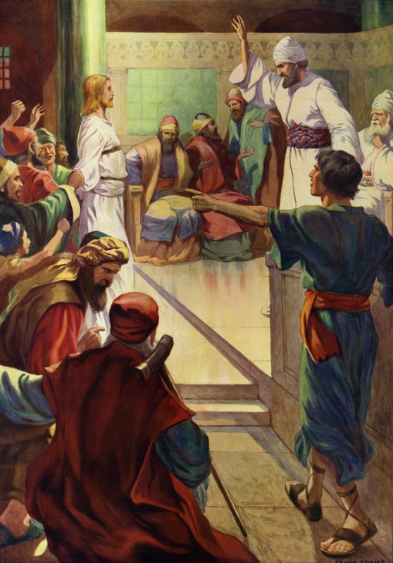 Jesus antes de Caifás (cor litho) de Frank Adams