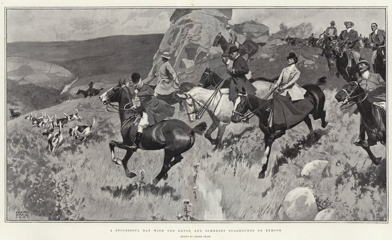 Um Dia de Sucesso com os Devon e Somerset Staghounds em Exmoor (litho) de Frank Craig