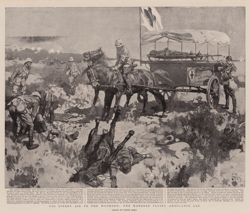 Para o Speedy Aid to the Wounded, o carro de ambulância Manders Flying Ambulance (litho) de Frank Craig