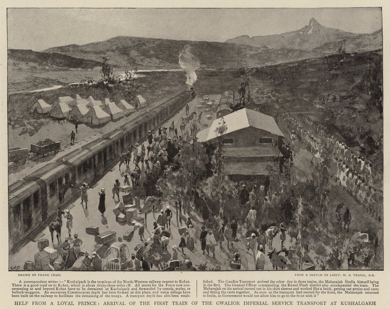 Ajuda de um Príncipe Leal, Chegada do Primeiro Trem do Serviço de Transporte Imperial de Gwalior em Kushalgarh de Frank Craig