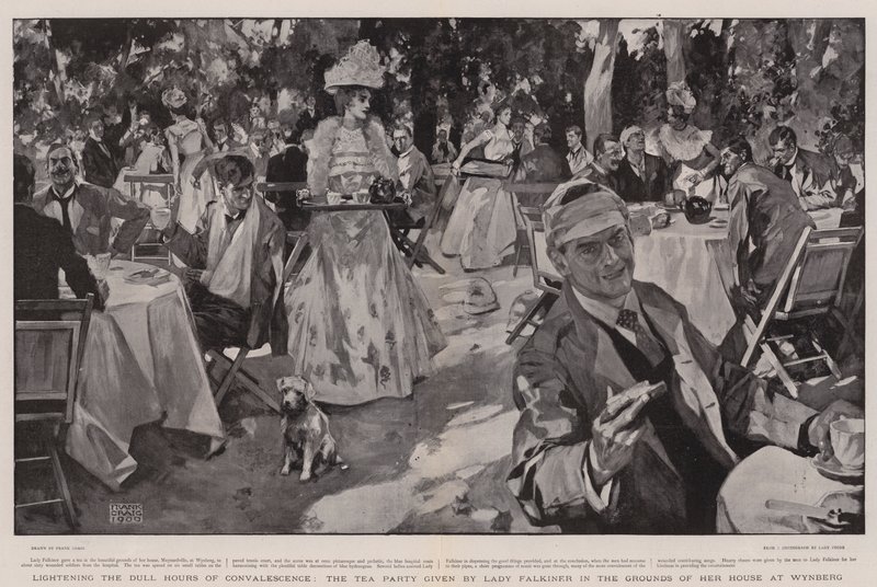 Iluminando as horas maçantes de convalescença, o Tea Party dado por Lady Falkiner nos terrenos de sua casa em Wynberg de Frank Craig