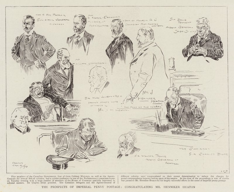 As perspectivas do Imperial Penny Postage, parabenizando o Sr. Henniker Heaton de Frank Craig