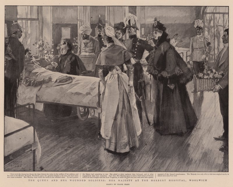 A rainha e seus soldados feridos, Sua Majestade no Hospital Herbert, Woolwich de Frank Craig