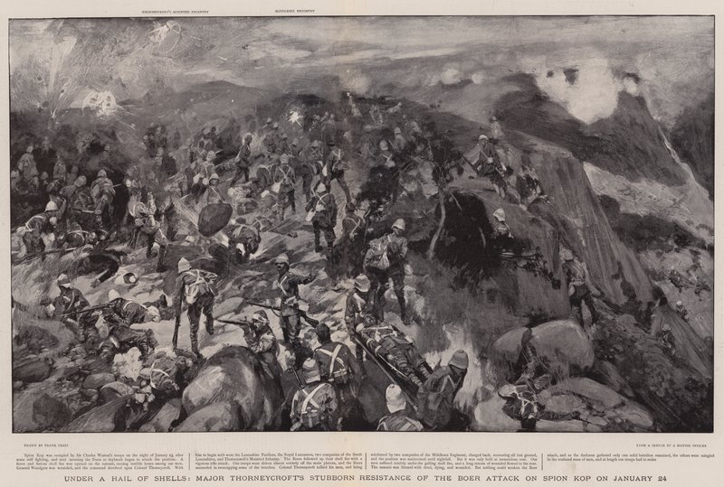 Sob um granizo de conchas, resistência teimosa do Major Thorneycroft do ataque de Boer em Spion Kop em 24 de janeiro de Frank Craig