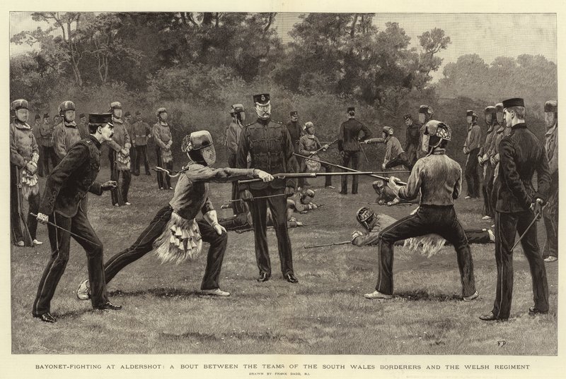 Combate à baioneta em Aldershot, uma luta entre as equipes das Fronteiras do Sul de Gales e o Regimento Galês de Frank Dadd