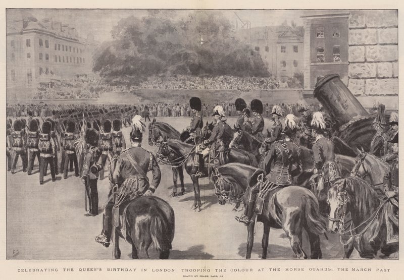 Comemorando o aniversário da rainha em Londres, Trooping the Color no Horse Guards, o passado de março de Frank Dadd