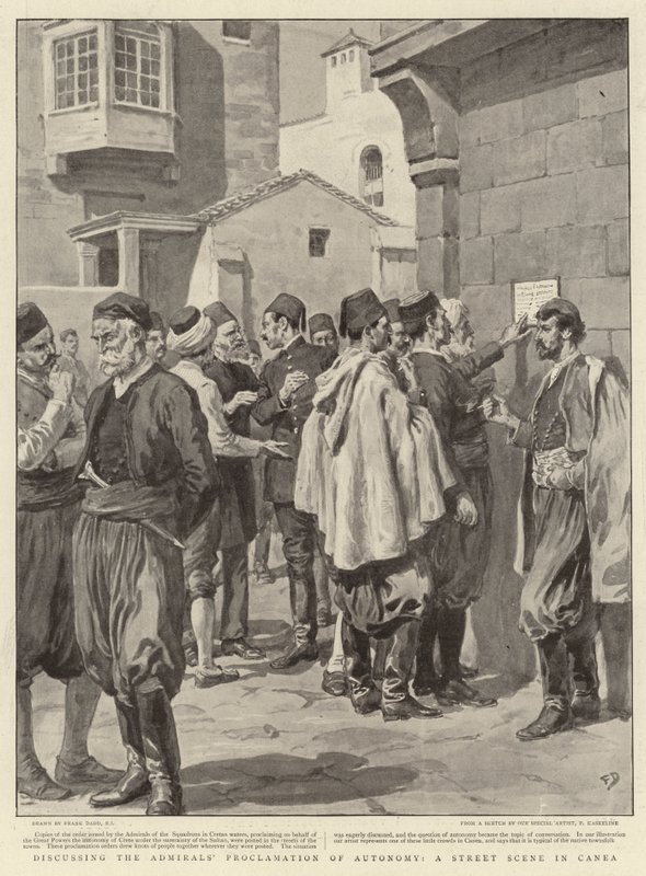 Discutindo a Proclamação de Autonomia do Almirante, uma cena de rua em Canea de Frank Dadd