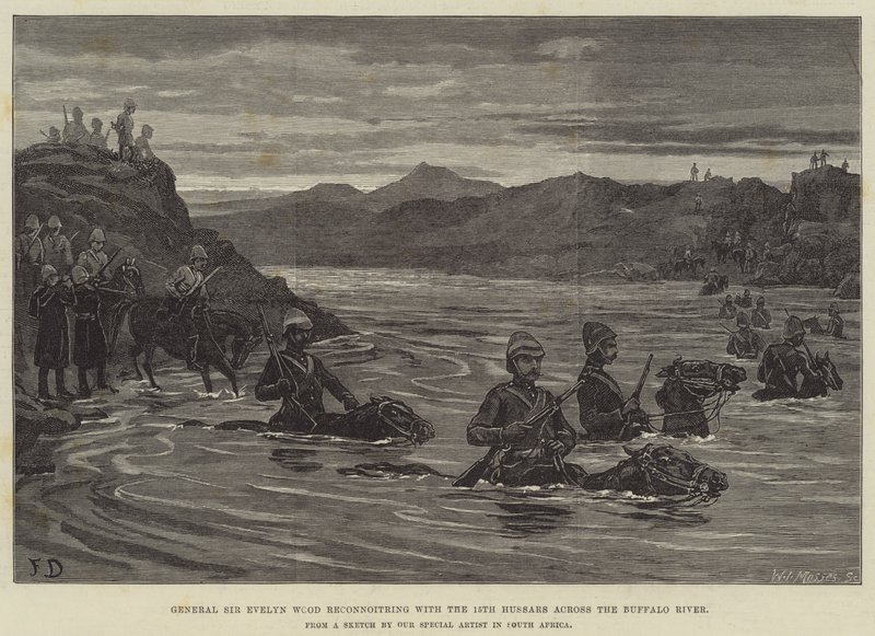 General Sir Evelyn Wood, reconhecendo os 15º hussardos do outro lado do Rio Buffalo de Frank Dadd