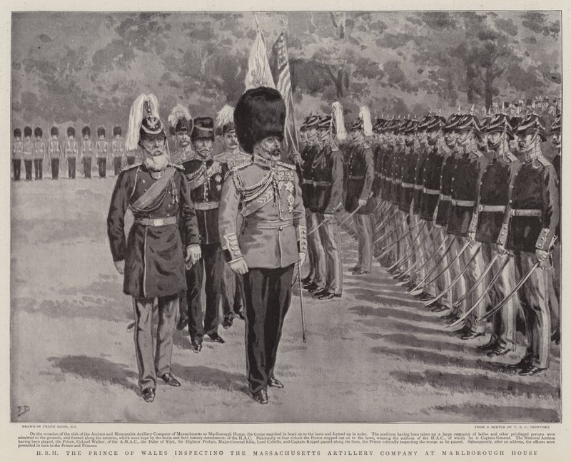 SAR o Príncipe de Gales inspecionando a Companhia de Artilharia de Massachusetts em Marlborough House de Frank Dadd