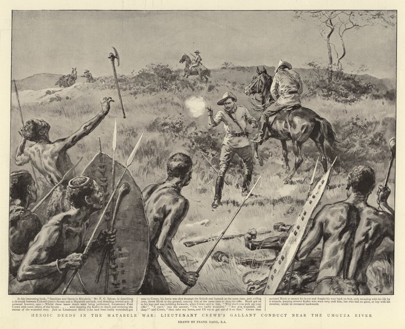 Ações heróicas na guerra de Matabele, conduta galante do Tenente Crewe perto do rio Umguza de Frank Dadd