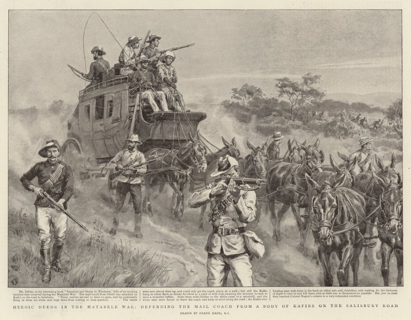 Ações heróicas na guerra de Matabele, defendendo o treinador de correio de um corpo de Kafirs na estrada de Salisbury de Frank Dadd