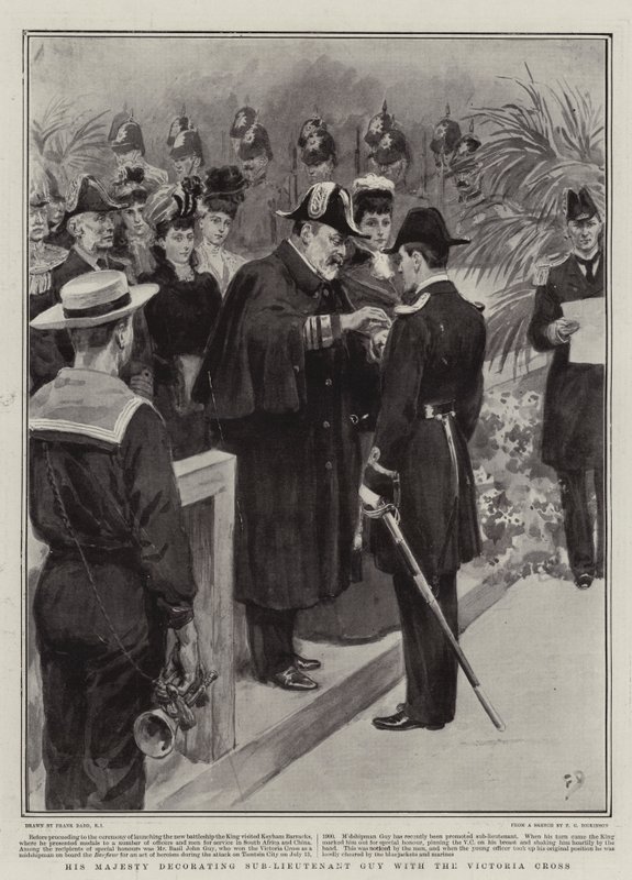 Sua Majestade decorar Sub-Tenente Guy com a Victoria Cross de Frank Dadd