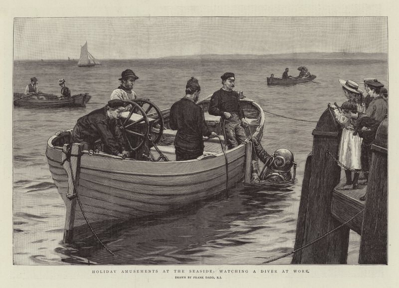 Férias divertimentos à beira-mar, assistindo um mergulhador no trabalho de Frank Dadd