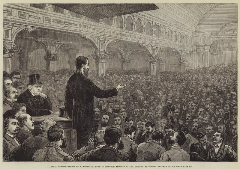Demonstração Liberal em Manchester, Lord Hartington dirigindo-se ao Encontro no Palácio dos Jardins de Pomona de Frank Dadd