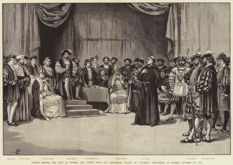 Lutero antes da Dieta de Worms, 1521, Cena do Drama Histórico de Lutero, realizada em Worms, 30 de outubro de 1883 de Frank Dadd