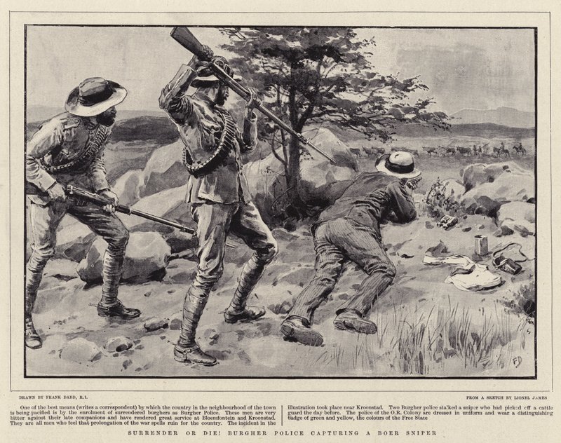Renda-se ou morra! Polícia de Burgher capturando um atirador furtivo Boer de Frank Dadd