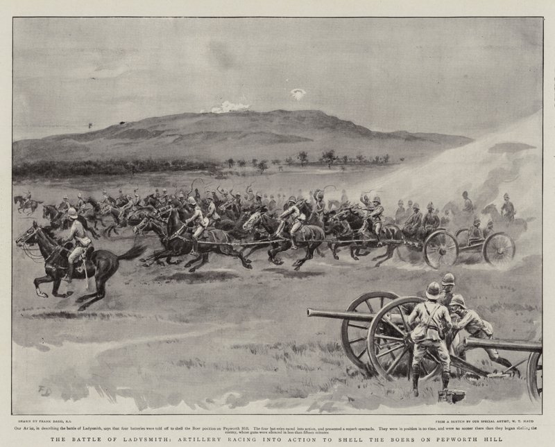 A Batalha de Ladysmith, Artilharia correndo em Ação para bombardear os Boers em Pepworth Hill de Frank Dadd