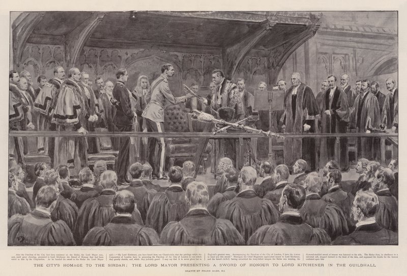 Homenagem da cidade ao Sirdar, o Lord Mayor apresentando uma espada de honra a Lord Kitchener no Guildhall de Frank Dadd