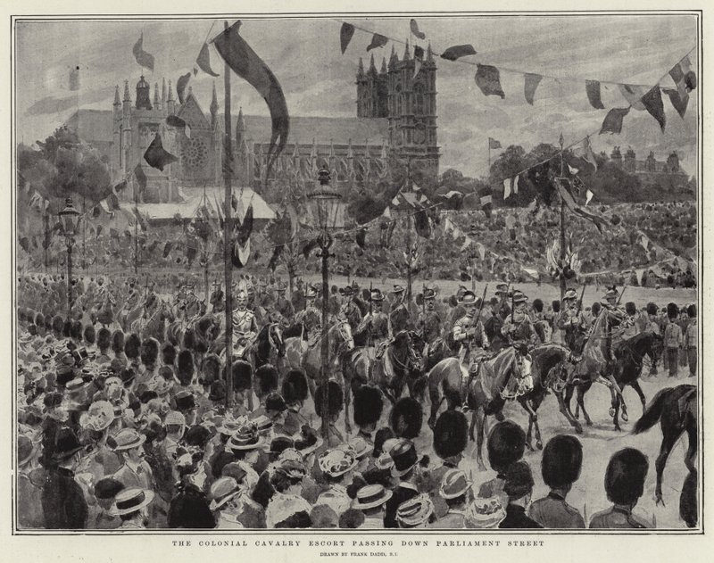 A Cavalaria Colonial Escort passando pela Rua do Parlamento de Frank Dadd