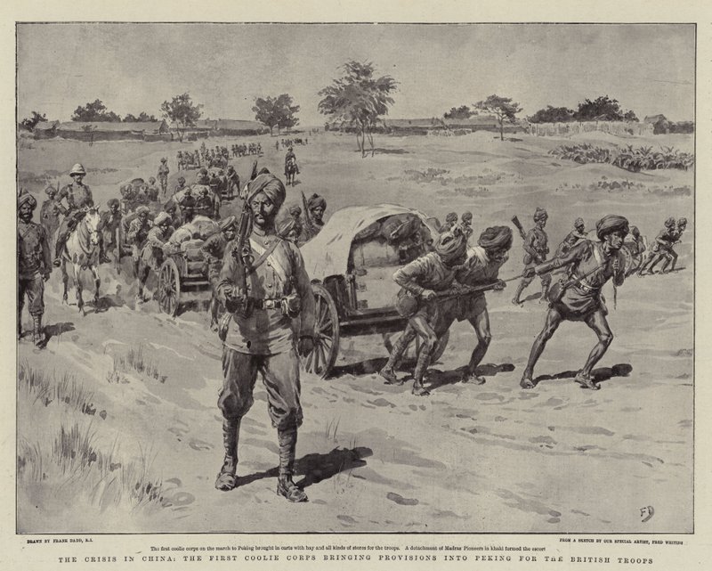A crise na China, o primeiro Corpo Coolie trazendo disposições em Pequim para as tropas britânicas de Frank Dadd