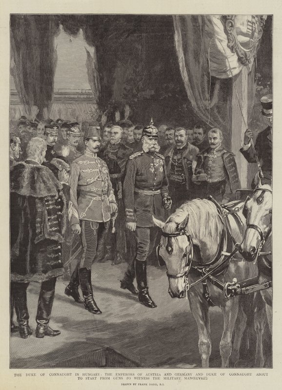 O duque de Connaught na Hungria, os imperadores da Áustria e da Alemanha e o duque de Connaught prestes a partir de armas para testemunhar as manobras militares de Frank Dadd