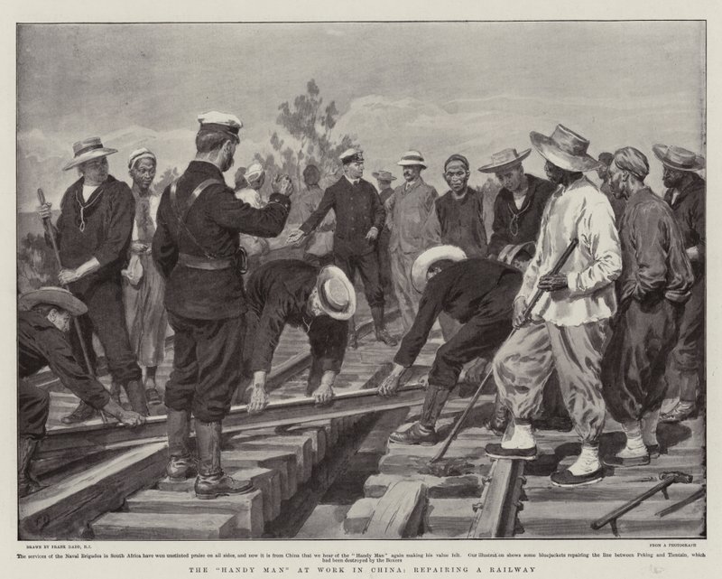 O homem prático no trabalho na China, reparando uma ferrovia de Frank Dadd