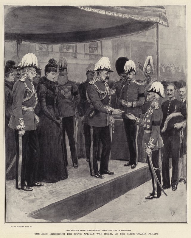 O rei apresenta a Medalha de Guerra Sul-Africana na Parada da Guarda de Cavalos de Frank Dadd