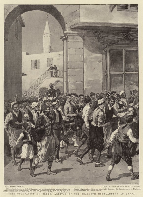 A ocupação de Creta, chegada dos Highlanders de Seaforth em Canea de Frank Dadd