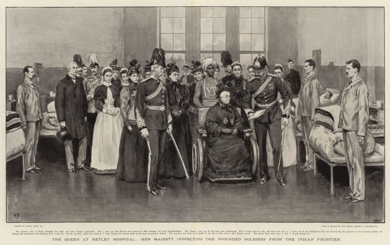 A Rainha no Hospital Netley, Sua Majestade inspecionando os Soldados Feridos da Fronteira Indiana de Frank Dadd