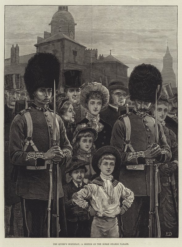 O aniversário da rainha, um esboço na parada das guardas a cavalo de Frank Dadd
