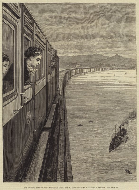 O retorno da rainha das Terras Altas, Sua Majestade cruzando a Ponte Tay, Dundee de Frank Dadd