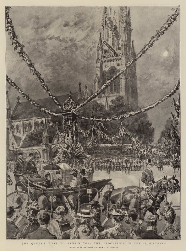 A visita da rainha a Kensington, a procissão na rua principal de Frank Dadd