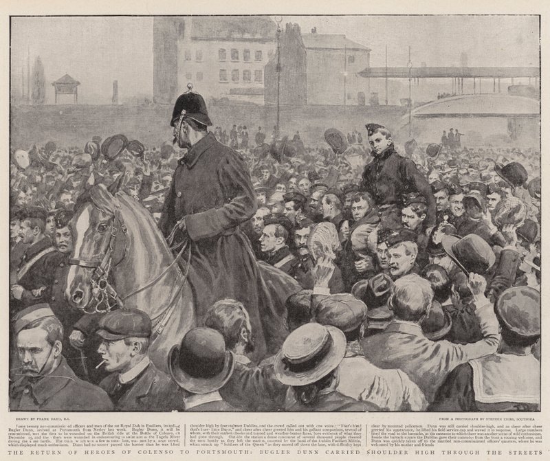 O retorno dos heróis de Colenso a Portsmouth, o corneteiro Dunn carregou o ombro alto pelas ruas de Frank Dadd
