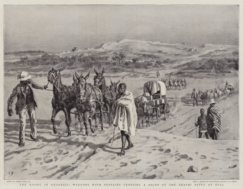 A ascensão na Rodésia, vagões com suprimentos cruzando uma deriva do rio Shashi em Tuli de Frank Dadd