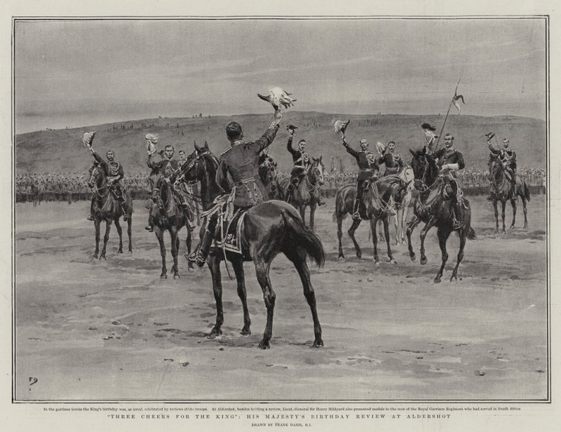 Três elogios para o rei, revisão do aniversário de Sua Majestade em Aldershot de Frank Dadd