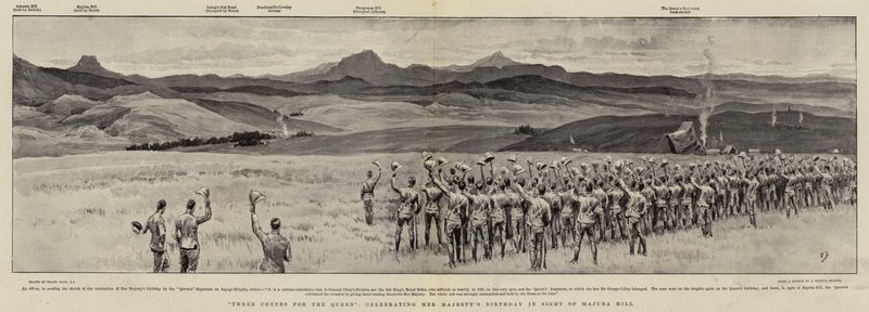 Três elogios para a rainha, comemorando o aniversário de Sua Majestade à vista de Majuba Hill de Frank Dadd
